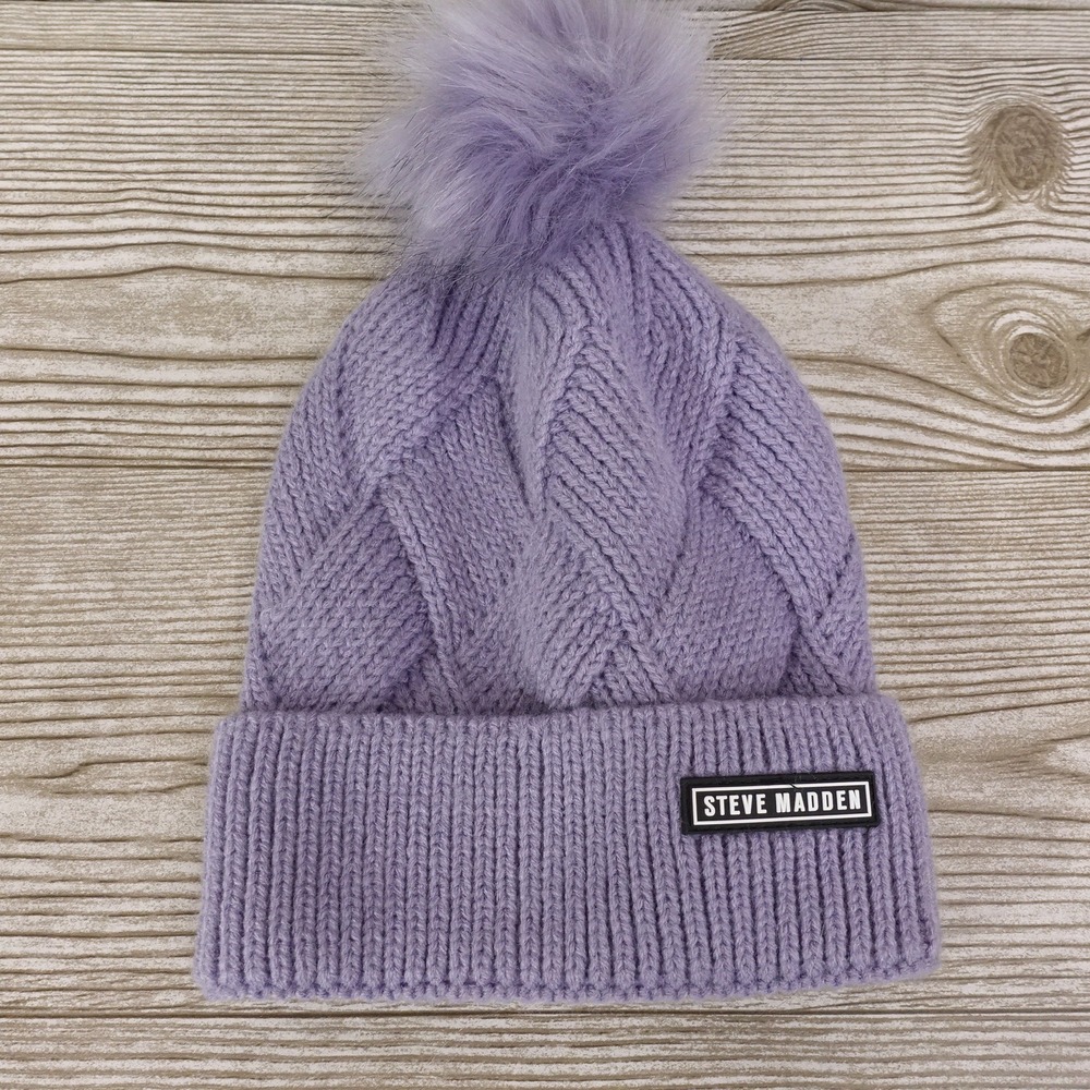 STEVE MADDEN PURPLELAVENDER POM POM BEANIE WINTER HAT WOMENS